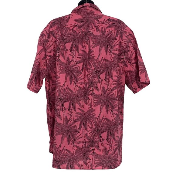 H&M L.O.G.G. Mens Pink Palm Large L Button-Up Shirt Linen Collar Tropical EUC - Picture 4 of 7